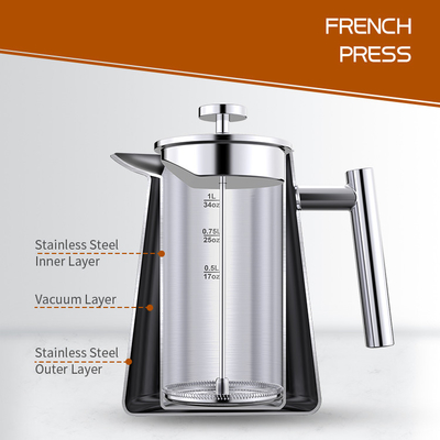 1000ml/34oz فولاد ضد زنگ پیستون قهوه جوش 13.4*20.5cm