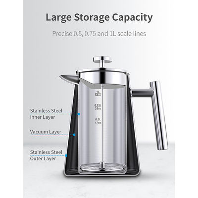 1000ml/34oz وکیوم قابلمه قهوه ساز Keep Warm چای ساز فرنچ پرس LFGB